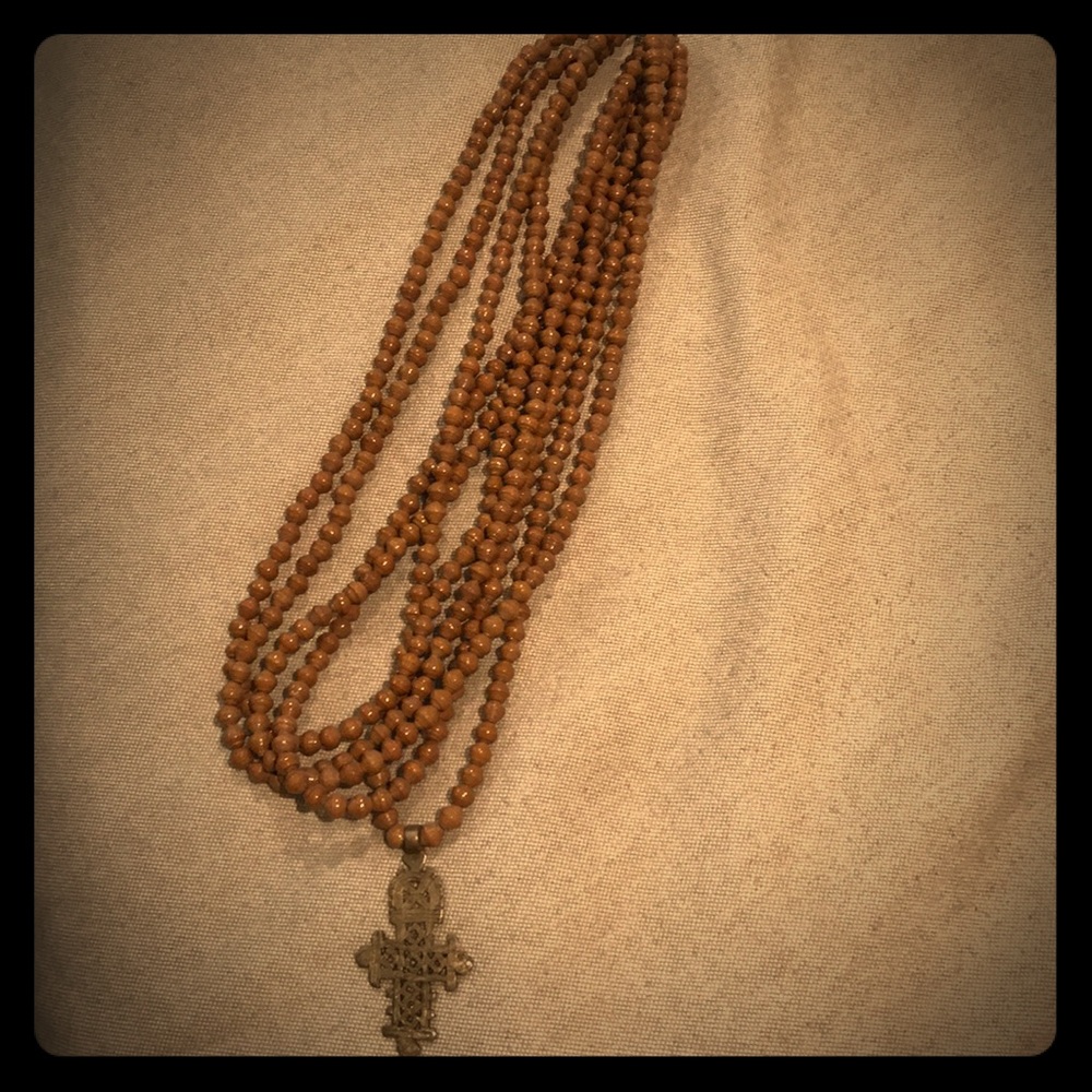 Polished wooden bead necklace w cross